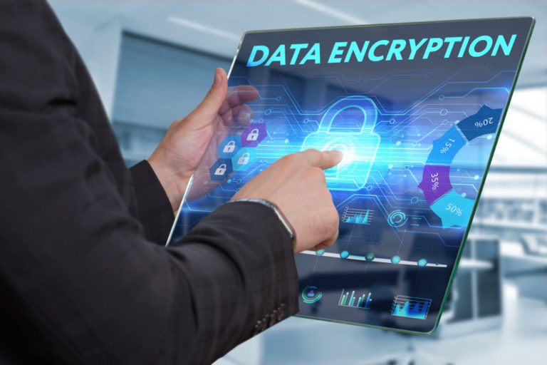 man using a high tech tablet with data encryption notes